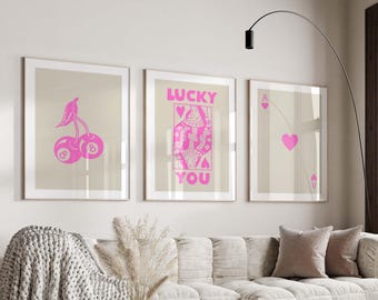 Juego de arte de pared retro de moda, póster Lucky You, impresión estética de moda, arte de pared de la reina de corazones, impresión de la carta Ace, póster moderno y funky de la reina