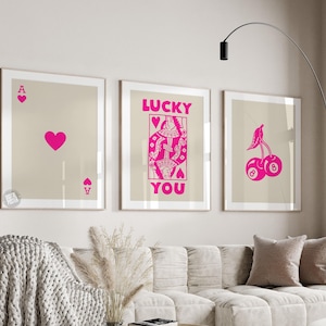 Trendiges Retro Wandkunst-Set, Lucky You Poster, trendiger ästhetischer Druck, Herzkönigin Wandkunst, Ace-Kartendruck, trendiges Queen Funky Poster