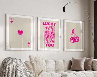 Juego de arte de pared retro de moda, póster Lucky You, impresión estética de moda, arte de pared de la reina de corazones, impresión de la carta Ace, póster moderno y funky de la reina