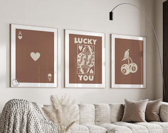 Juego de arte de pared retro de moda, póster Lucky You, impresión estética de moda, arte de pared de la reina de corazones, impresión de la carta Ace, póster moderno y funky de la reina