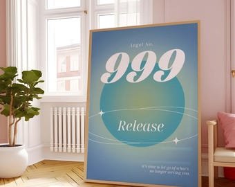 Cartaz de número de anjo de aura 999 para download instantâneo para impressão, arte de parede de número de anjo, impressão de gradiente rosa, arte de parede de energia, pôster espiritual