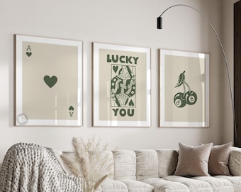 Conjunto de arte de parede retrô moderno, pôster "Lucky You", impressão estética moderna, arte de parede da Rainha de Copas, impressão de carta Ás, pôster moderno e descolado da Rainha