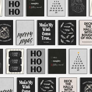 May include: A set of 10 printable Christmas-themed wall art prints in black and white with a minimalist design. The prints feature various Christmas-themed phrases and images, including "Ho Ho Ho", "Merry Xmas", "Make My Wish Come True", "Deck the Halls with Boughs of Holly", and "Candy Cane".