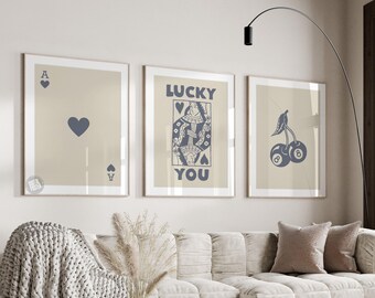 Juego de arte de pared retro de moda, póster Lucky You, impresión estética de moda, arte de pared de la reina de corazones, impresión de la carta Ace, póster moderno y funky de la reina
