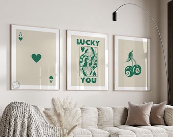 Conjunto de arte mural retro moderno, póster "Lucky You", impresión estética moderna, arte mural de la Reina de Corazones, impresión de la carta As, póster moderno y funky de la Reina