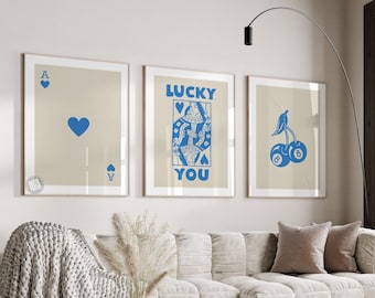 Juego de arte de pared retro de moda, póster Lucky You, impresión estética de moda, arte de pared de la reina de corazones, impresión de la carta Ace, póster moderno y funky de la reina