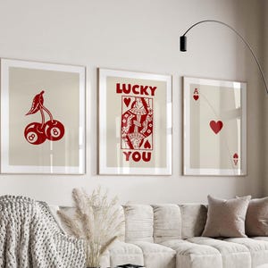 Trendiges Retro Wandkunst-Set, Lucky You Poster, trendiger ästhetischer Druck, Herzkönigin Wandkunst, Ace-Kartendruck, trendiges Queen Funky Poster