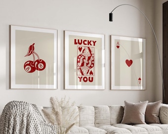 Juego de arte de pared retro de moda, póster Lucky You, impresión estética de moda, arte de pared de la reina de corazones, impresión de la carta Ace, póster moderno y funky de la reina