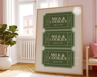Puede incluir: Un póster imprimible con tres diseños verdes en forma de boleto. Cada boleto dice "Milk & Cookies only for Santa" en una fuente de color crema.