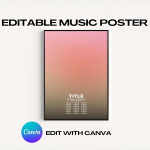 Op de afbeelding: Bewerkbare muziekposter sjabloon met een roze en bruine gradiënt achtergrond. De poster heeft een titelsectie en een lijst met songtitels met bijbehorende tracknummers.