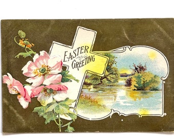 Vintage 1912 Ostern Geprägte Postkarte eines Kreuzes und Blumen - Benjamin Franklin One Cent Briefmarke