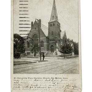 Antica cartolina del 1907 della University Place Christian Church - Des Moines, Iowa - Francobollo Benjamin Franklin da 1 centesimo - Usato