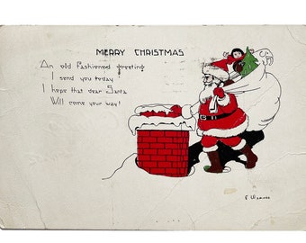 Vintage 1924 Santa Going Down a Chimney Merry Christmas Postcard - Wave Cancel Over a Coil George Washington 1c Stamp