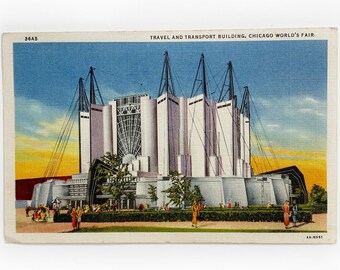 Postal vintage de lino de la Feria Mundial de Chicago de 1933 - Edificio de Viajes y Transporte - Sin usar - Curt Teich