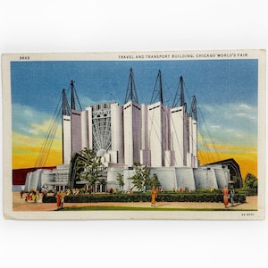 Cartolina d'epoca in lino dell'Esposizione Universale di Chicago del 1933 - Edificio dedicato ai viaggi e ai trasporti - Inutilizzata - Curt Teich