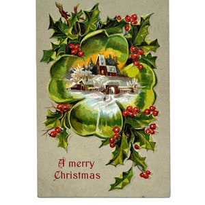Vintage 1910s Merry Christmas Greetings - Farm House in Snow Surrounded by a Holly and Clover - Colorful and Embossed - Used, Not Circulated