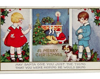 Vintage 1933 Merry Christmas Greeting - Santa, Kids and Dog - Benjamin Franklin Green One Cent Stamp - Used