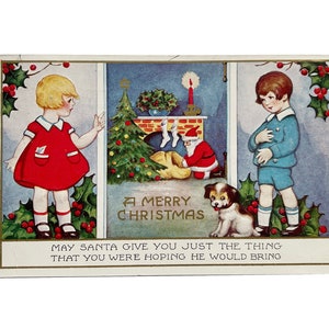 Vintage 1933 Merry Christmas Greeting - Santa, Kids and Dog - Benjamin Franklin Green One Cent Stamp - Used