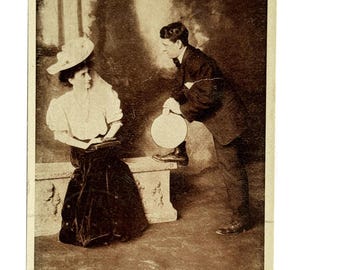 Antique 1908 Real Photo Couple Portrait Postcard - Benjamin Franklin 1c Stamp