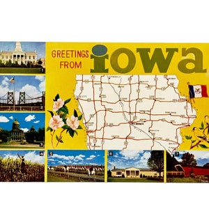 Vintage 1950er Jahre Greetings from Iowa Map Postkarte - Wahrzeichen und Sehenswürdigkeiten - Unbenutzt