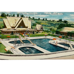 Cartão postal vintage da década de 1940 da piscina de Balara - Cidade Quezon, Ilhas Filipinas - sem uso