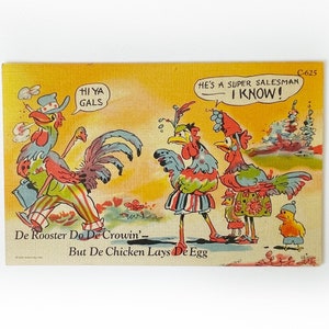 Postal vintage de cómic de la década de 1940, sin usar, "De Rooster De Chicken" - Curt Teich C625