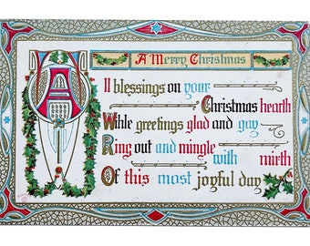 Vintage 1910s A Merry Christmas - Colorful, Embossed and Cool Fonts - Poem or Message - Uncirculated