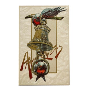 Vintage des années 1910 A Merry Christmas - Blue Sparrow Birds Ringing a Bell - Carte de vœux ou invitation - Timbre Benjamin Franklin One Cent - Utilisé