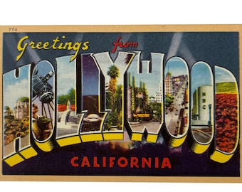 Vintage 1940s Greetings from Hollywood California Large Letter Postcard - Used and Unused