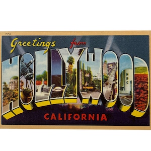 Carte postale vintage des années 1940 Greetings from Hollywood Californie grande lettre - utilisée et inutilisée