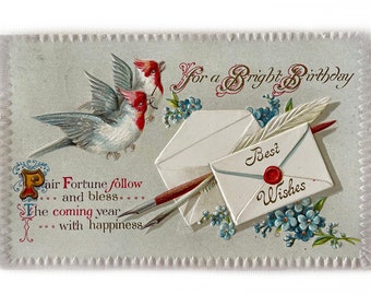 Vintage 1911 Bright Birthday Wishes Post Card with Birds - Benjamin Franklin 1c