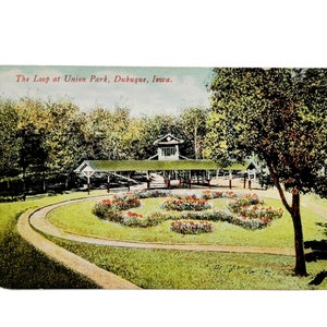 Cartão postal antigo de 1909 do The Loop no Union Park em Dubuque, Iowa - Selo Benjamin Franklin de 1 centavo - Usado
