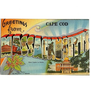 Vintage jaren 40-groeten uit Cape Cod, Massachusetts, grote briefpostkaart - Tichnor - ongebruikt - staatsbloem en hoofdstad