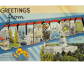 Vintage 1940s Greetings from California Large Letter Postcard - Poppy and Capital - Unused