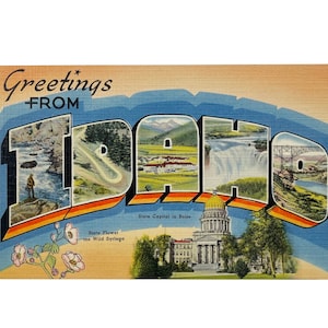 Carte postale grande lettre Greetings from Idaho Tourism vintage des années 40 - inutilisé