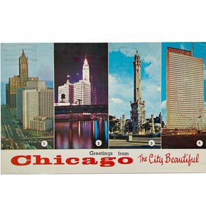 Postal vintage de 1963 con lugares turísticos de Chicago: Edificio Prudential, Torre del Agua, Río Chicago, Hospital de Investigación de la Administración de Veteranos (usada)