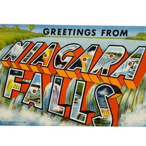 Carte postale New York grande lettre, Greetings from Niagara Falls Waterfalls, New York, vintage des années 40 - Monuments - Inutilisé