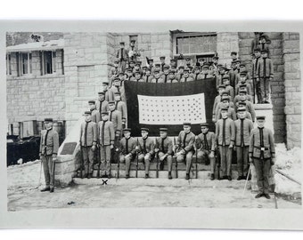 Antique BW Real Photo Postcard of Billings Montana Polytechnic Institute School Holding Rifles and Instruments
