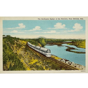 Cartão postal vintage da década de 1930 do trem Burlington Zephyr - McCook Nebraska, cartões colecionáveis de ferrovias e locomotivas - sem uso