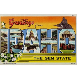 Saluti vintage degli anni '40 dall'Idaho - Lo Stato delle Gemme - Cartolina postale turistica di grandi dimensioni - Inutilizzata