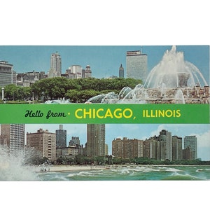 Cartão postal vintage da década de 1960, "Olá de Chicago", marco turístico de Illinois - sem uso