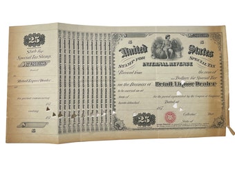 Antique 1873-1874 Retail Liqr Dealer Stamp for Specialty Tax - Unused - Paper Ephemera - Collectable Post Civil War Act