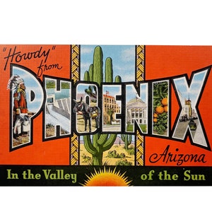 Carte postale grande lettre Howdy from Phoenix, Arizona, vintage des années 40 - Valley of the Sun - inutilisé