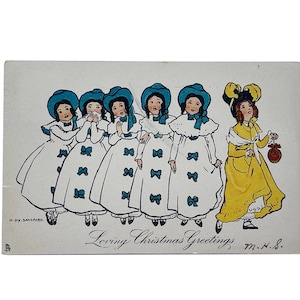 Postal antigua de felicitación navideña de 1907 - Firmada por el artista H. Dix Sanford - Tuck and Sons - con mujeres vestidas - Usada