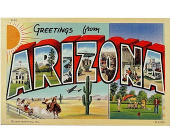 Vintage 1940s Greetings from Arizona Large Letter Postcard - Curt Teich - Unused