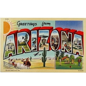 Carte postale vintage des années 40 Greetings from Arizona grande lettre - Curt Teich - inutilisé