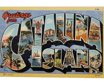 Postal vintage de la década de 1940 con saludos desde la Isla Catalina, California, con letras grandes (sin usar)