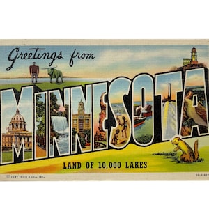 Cartolina turistica d'epoca degli anni '40 con auguri dal Minnesota - Terra dei 10.000 laghi, dei gopher, di Paul Bunyan e del bue Babe - Inutilizzata