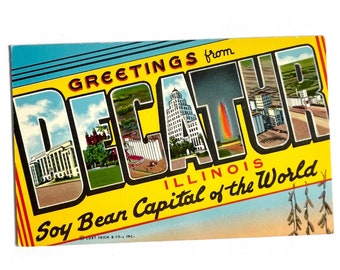 Postal vintage de Decatur, Illinois, de la década de 1940, sin usar, de gran tamaño - Curt Teich - Capital mundial de la soja - Coleccionista de postales K17