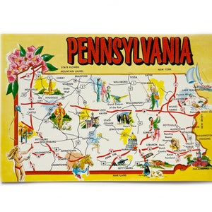 Cartolina d'epoca degli anni '80 con saluti dalla Pennsylvania, mappa turistica e punto di riferimento - The Keystone State - inutilizzata